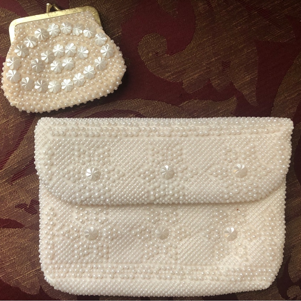 Vintage Pearlescent Beaded bridal evening bag and change purse